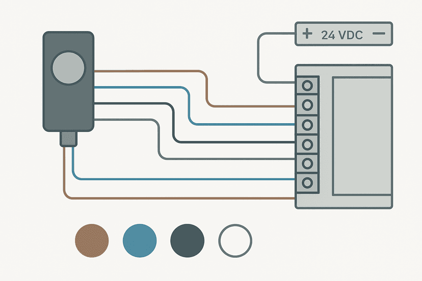 Flat vector wiring diagram of a 4-wire PNP proximity sensor connected to a PLC digital input module showing brown, blue, black and white wire connections