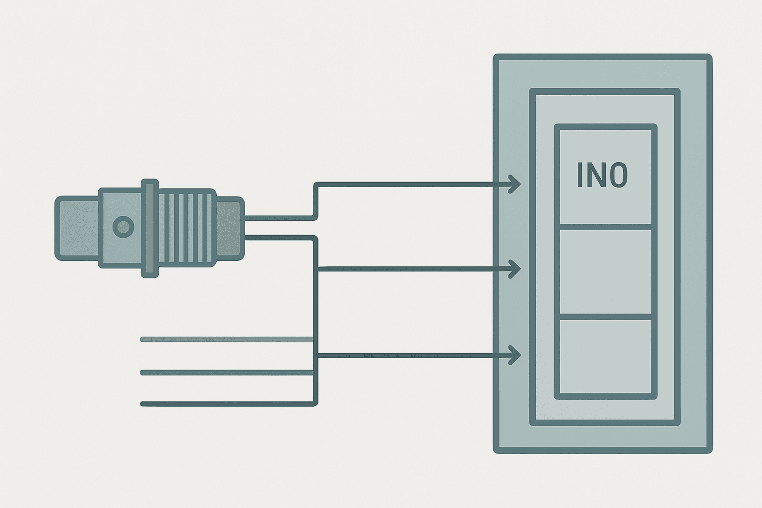 Flat vector wiring diagram of a three-wire PNP proximity sensor with brown, blue and black wires connected to a 24 VDC supply and a PLC digital input terminal