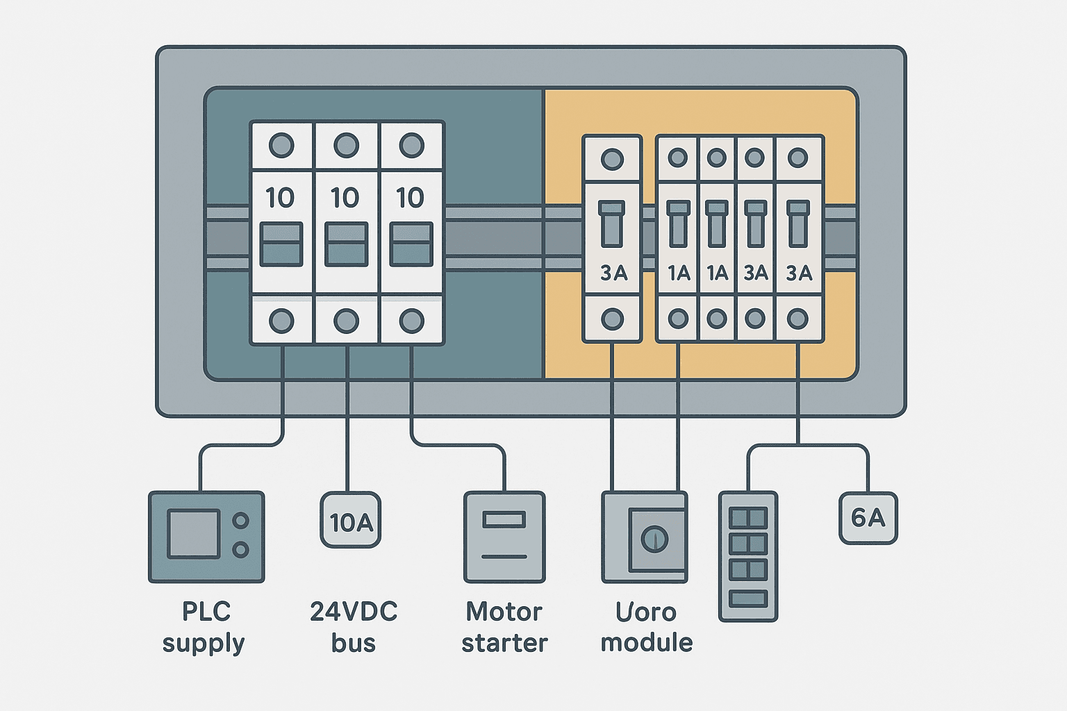 Fuse and breaker selection diagram for industrial control panel with DIN-rail devices