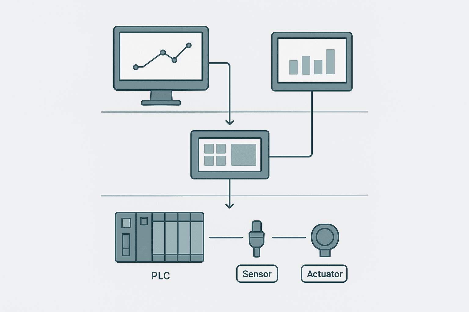 HMI and SCADA architecture diagram showing PLC, local HMI and SCADA workstation layers in a plant