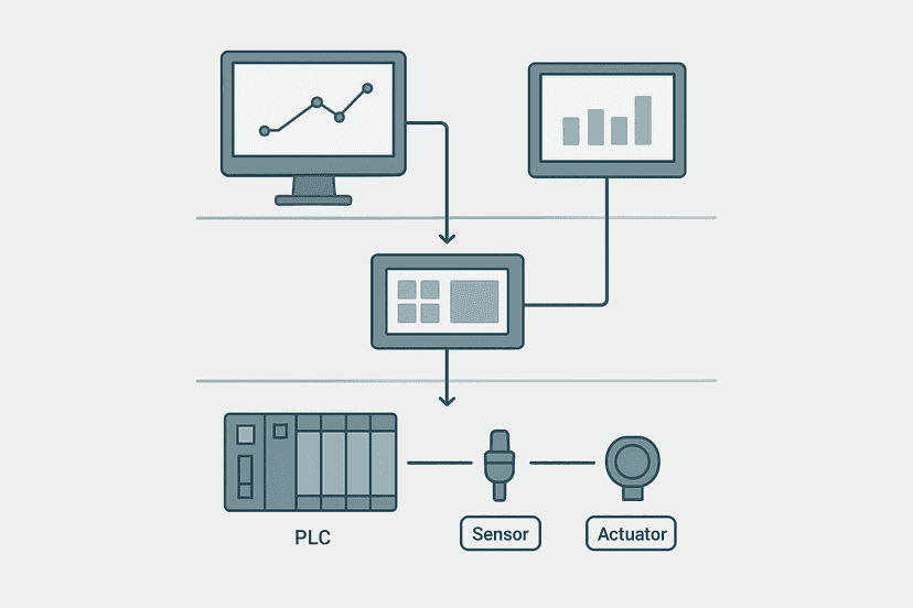 HMI and SCADA architecture diagram showing PLC, local HMI and SCADA workstation layers in a plant