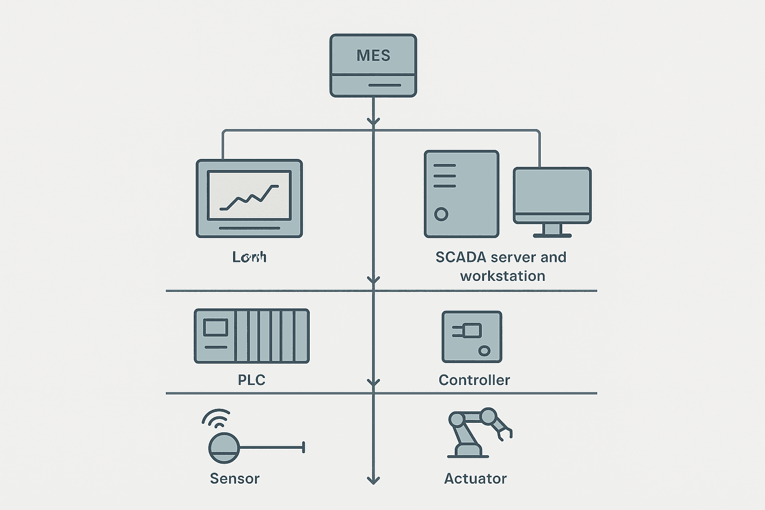 Four-tier automation pyramid showing field, control, HMI and SCADA supervision, and enterprise layers