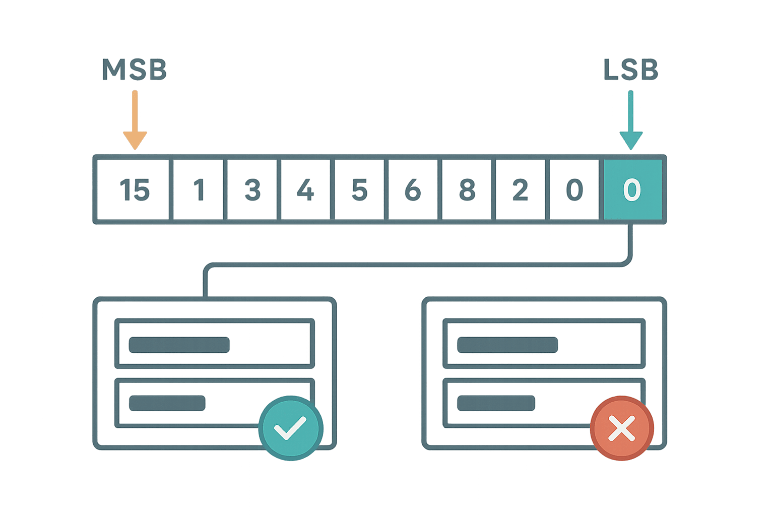 Bit addressing diagram for HMI tag linking showing LSB and MSB index differences