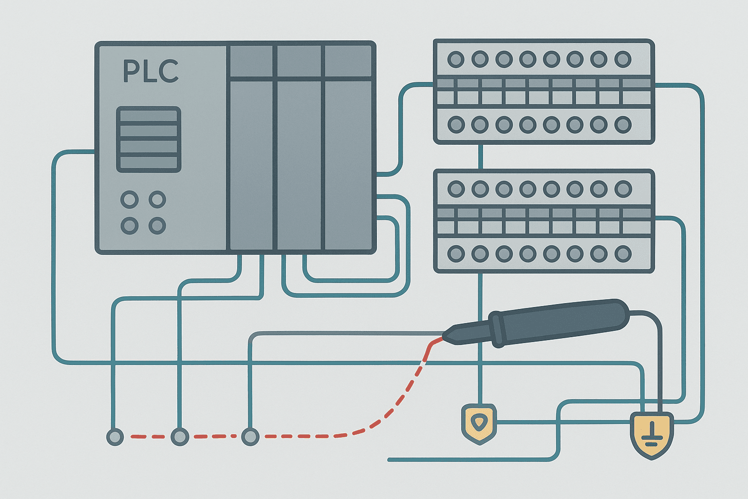 Ground fault tracing diagram inside an industrial control panel with multimeter and PLC wiring