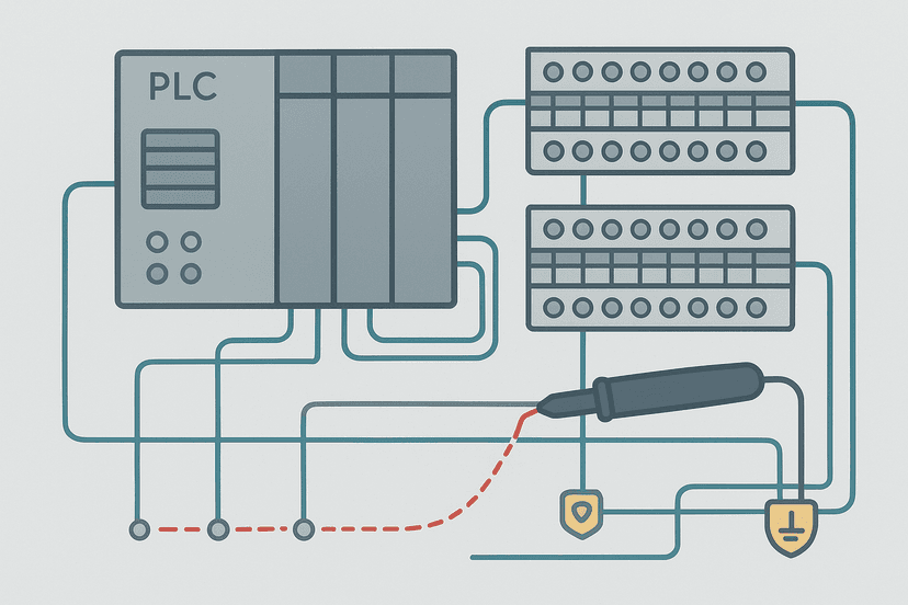Ground fault tracing diagram inside an industrial control panel with multimeter and PLC wiring