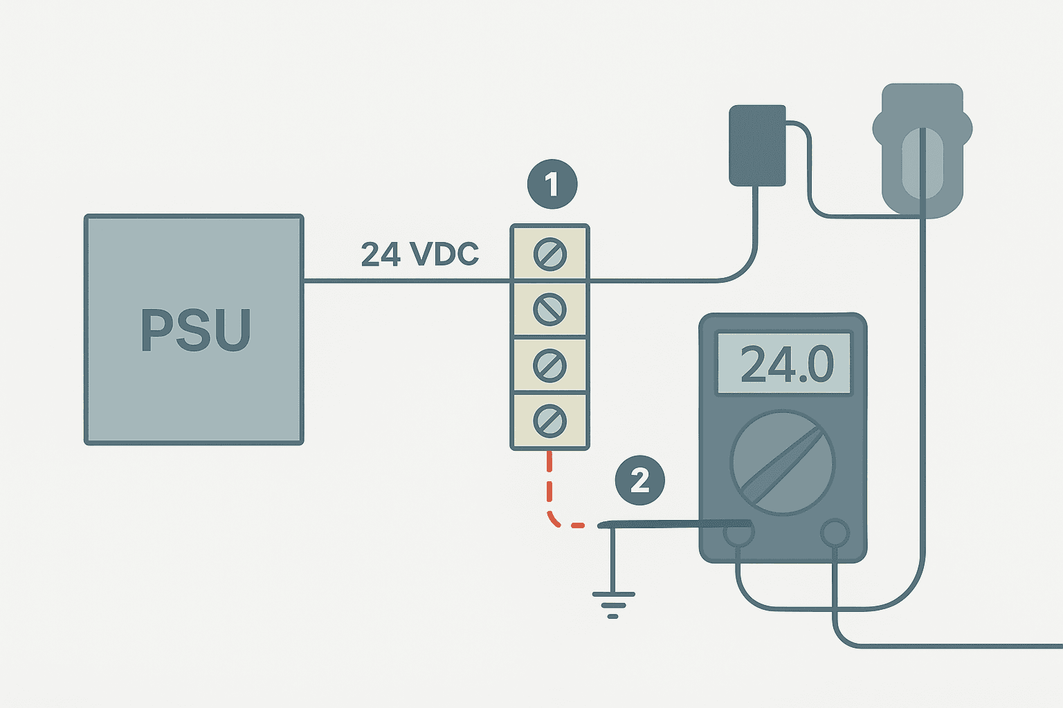 Diagram showing multimeter measurement points for finding a ground fault in a 24 VDC control circuit