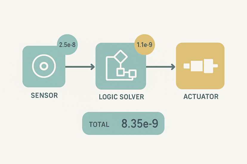 IEC 62061 PFHd calculation block diagram showing sensor, logic solver and actuator with probability of dangerous failure per hour values