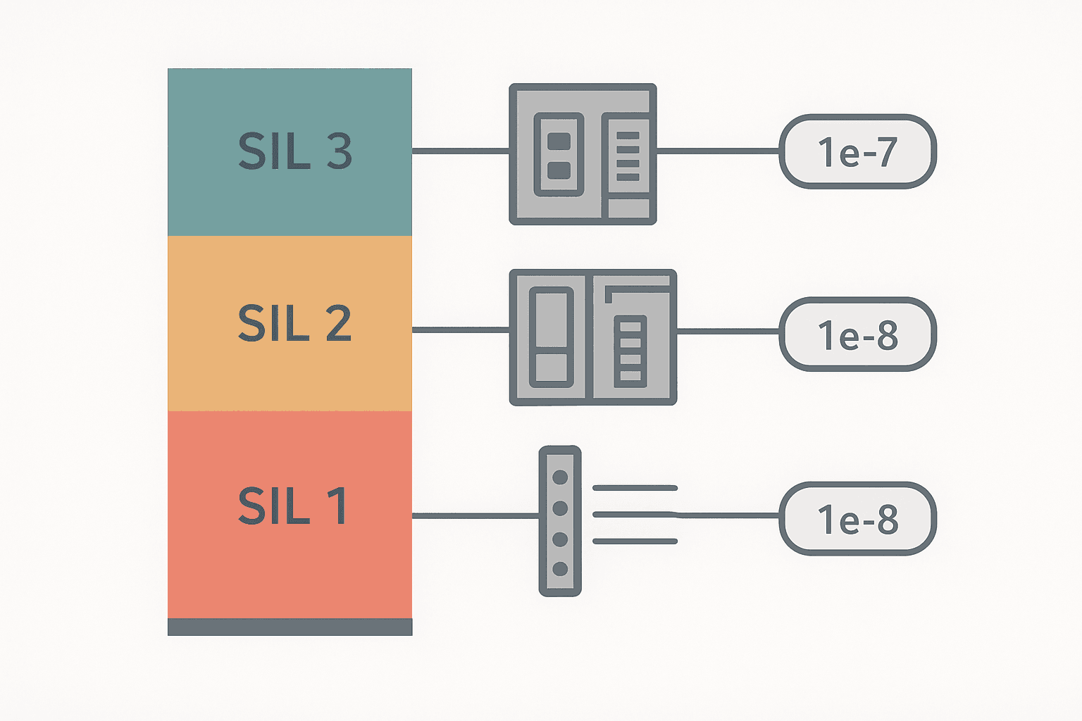 IEC 62061 SIL levels diagram showing SIL 1 to SIL 3 scale with safety hardware icons