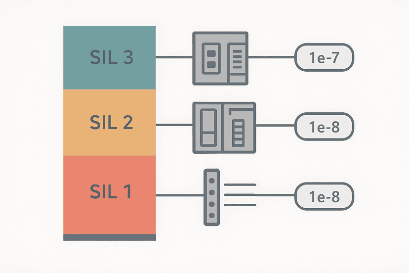 IEC 62061 SIL levels diagram showing SIL 1 to SIL 3 scale with safety hardware icons