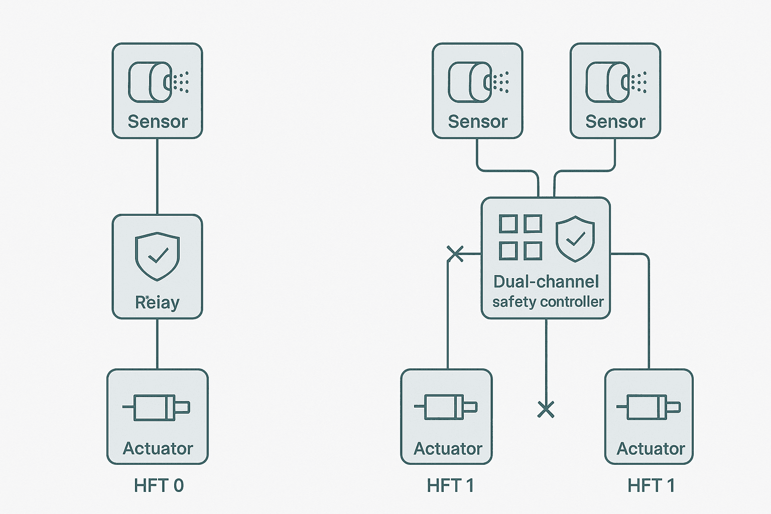Single-channel HFT 0 versus dual-channel HFT 1 architecture diagram for IEC 62061 SIL