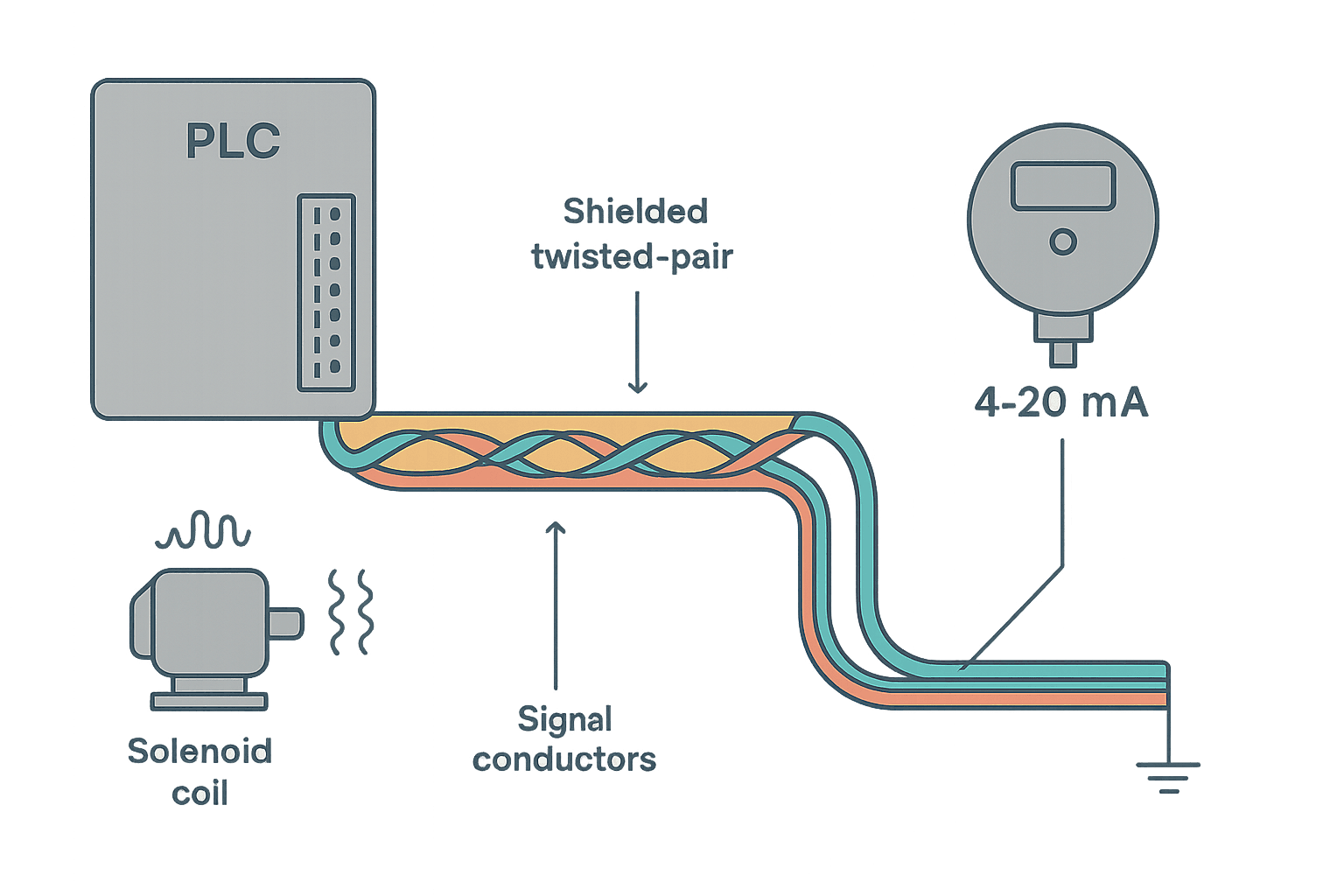 Instrumentation cable shielding diagram showing single-end grounding of 4-20 mA analog signal cable in a PLC panel