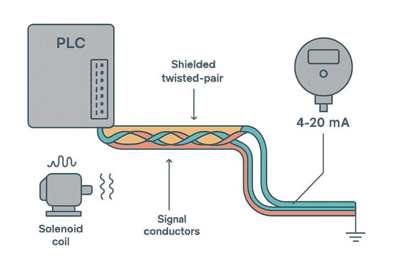 Instrumentation cable shielding diagram showing single-end grounding of 4-20 mA analog signal cable in a PLC panel