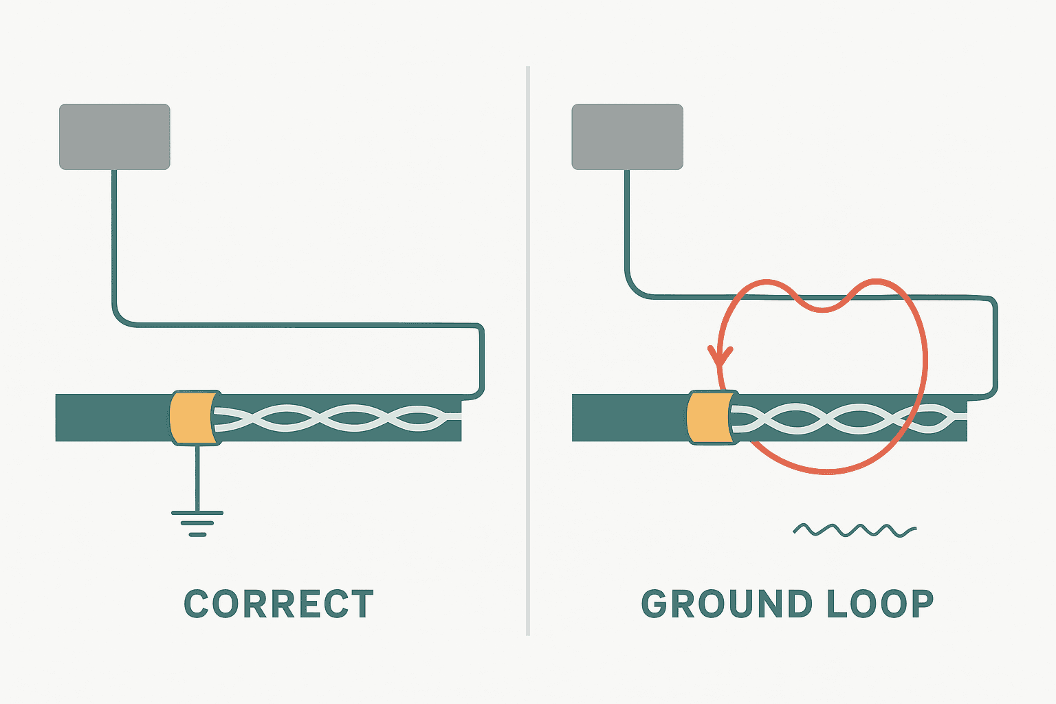 Comparison diagram showing correct single-end shield grounding versus ground loop caused by grounding cable shield at both ends
