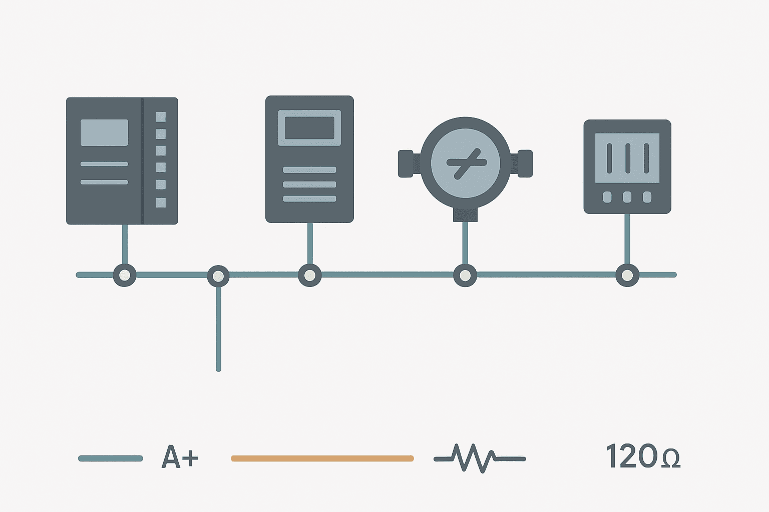 Modbus RTU RS-485 network diagram showing PLC master and multiple slave devices on a two-wire bus