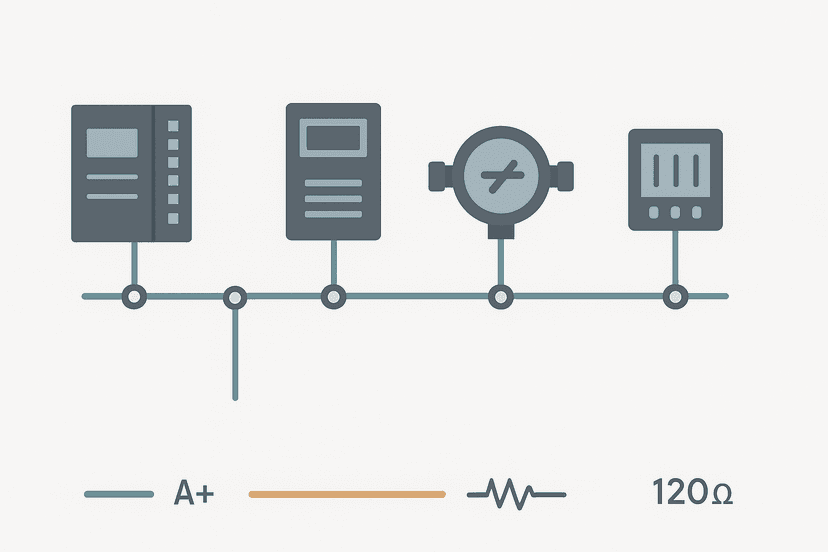 Modbus RTU RS-485 network diagram showing PLC master and multiple slave devices on a two-wire bus