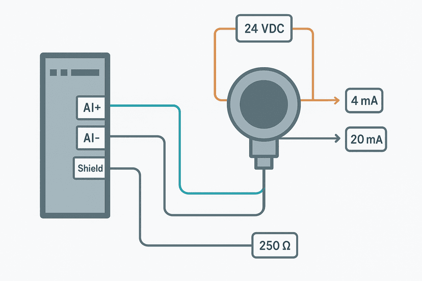 PLC analog input wiring diagram showing 4-20 mA transmitter connected to Siemens S7 analog input module