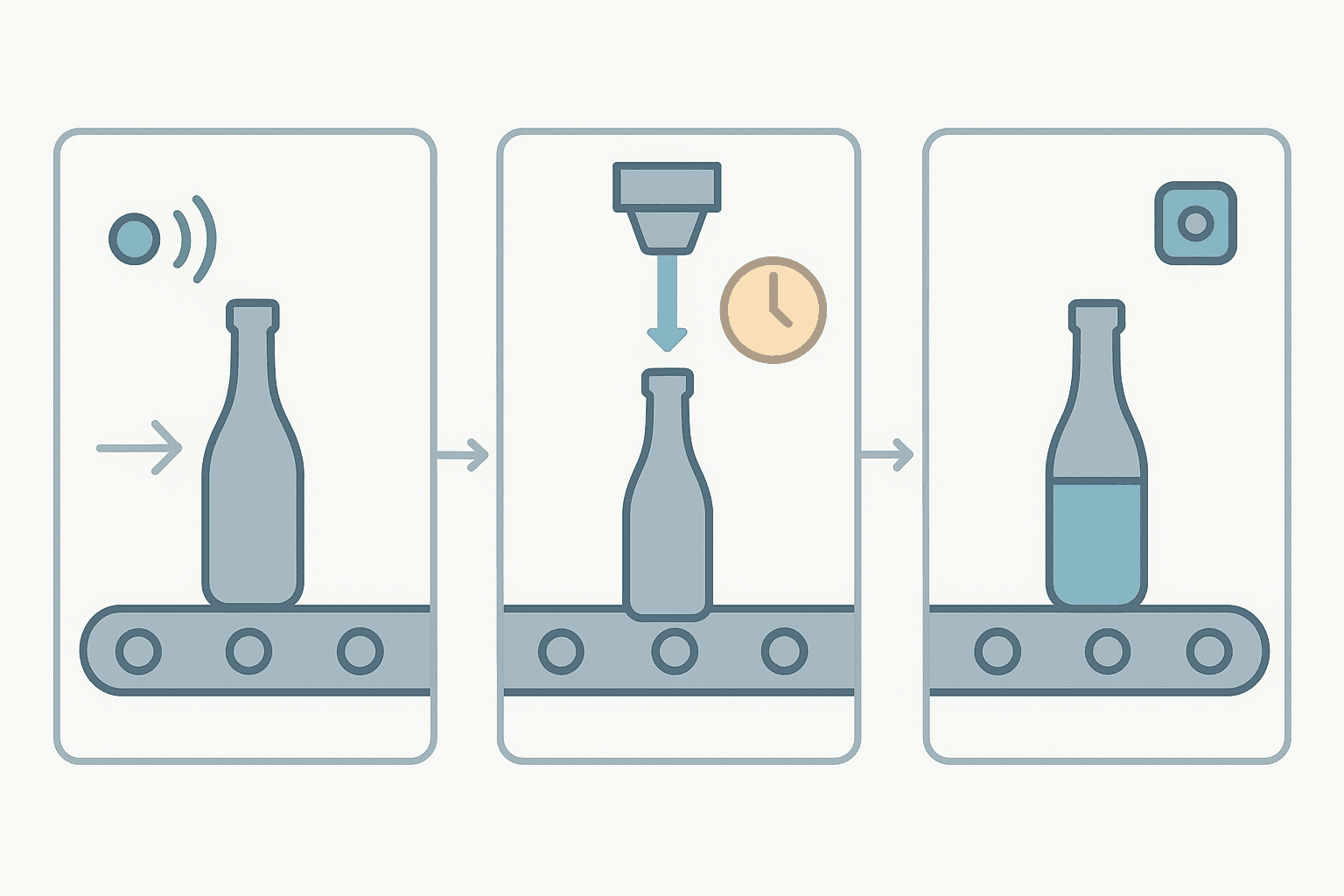 Bottle filling machine PLC sequence diagram showing detect, fill timer, and count stages in flat vector style