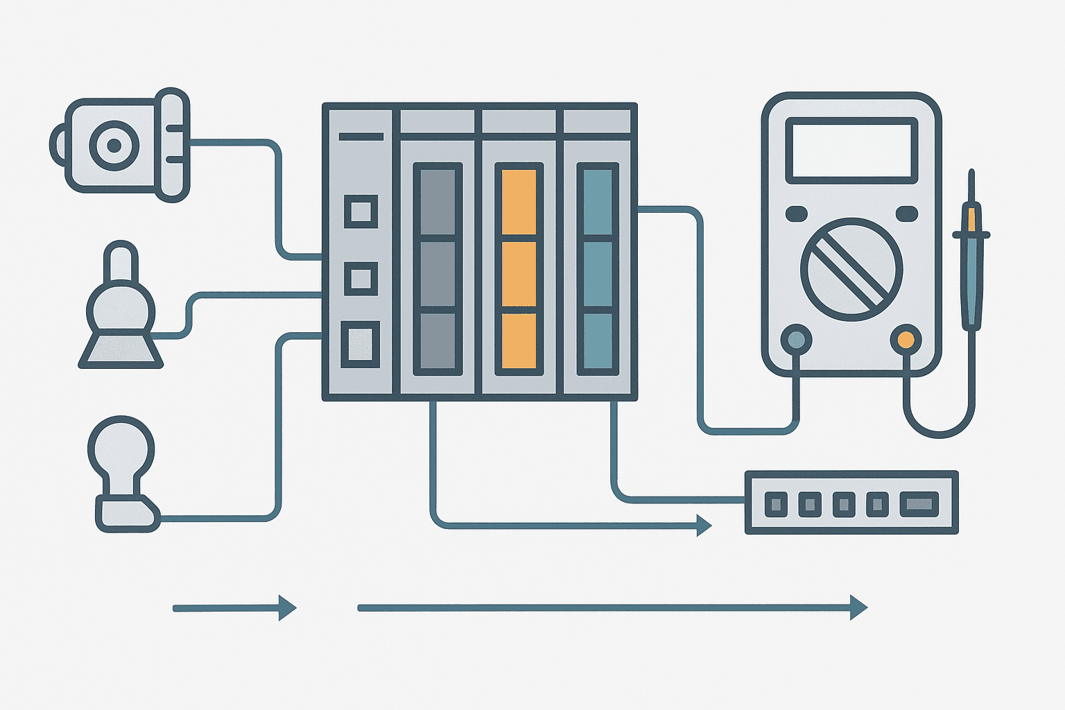 Flat vector diagram of PLC I/O fault diagnosis using a multimeter on input and output terminals