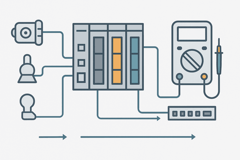 Flat vector diagram of PLC I/O fault diagnosis using a multimeter on input and output terminals