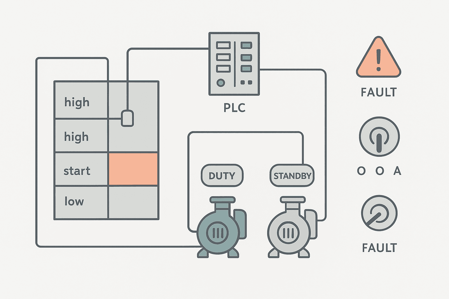 PLC pump station ladder logic exercise diagram showing two pumps, level switches, duty/standby alternation and fault detection