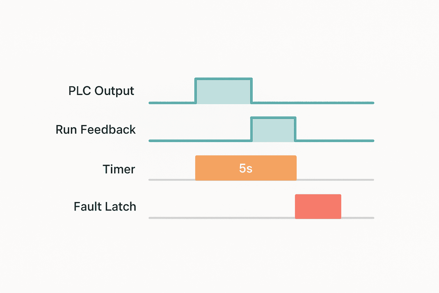 Timing diagram showing PLC pump output, run feedback, 5-second TON timer, and fault latch for run-confirm fault detection