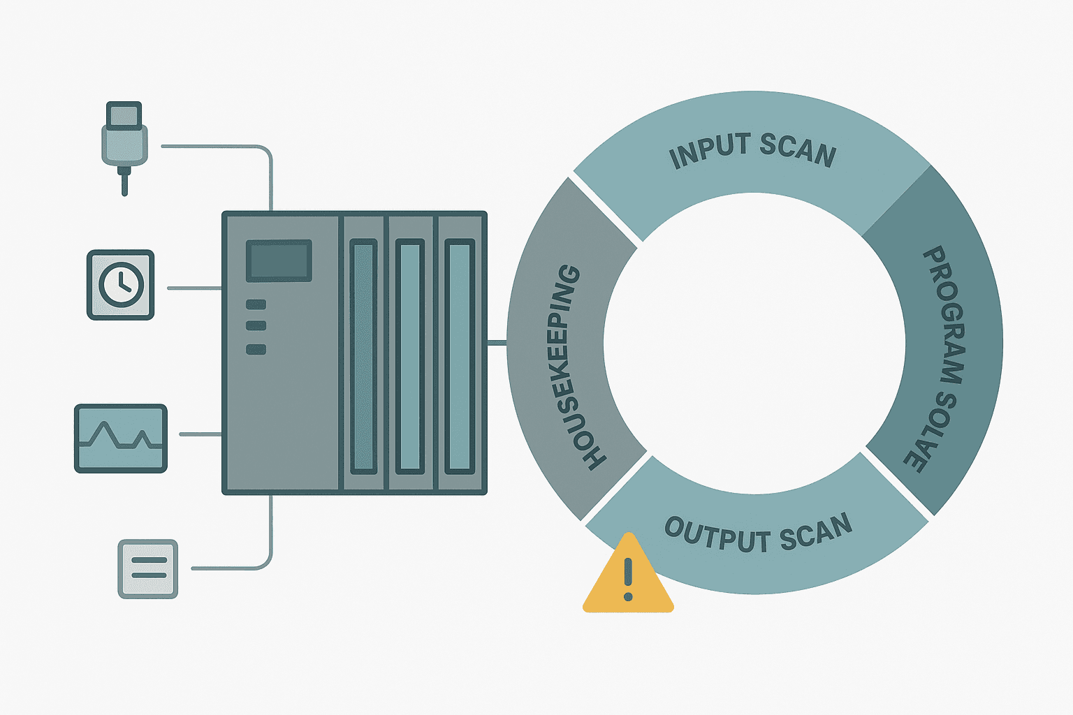 PLC scan cycle diagram showing input scan, program solve, output scan and a timing fault warning badge