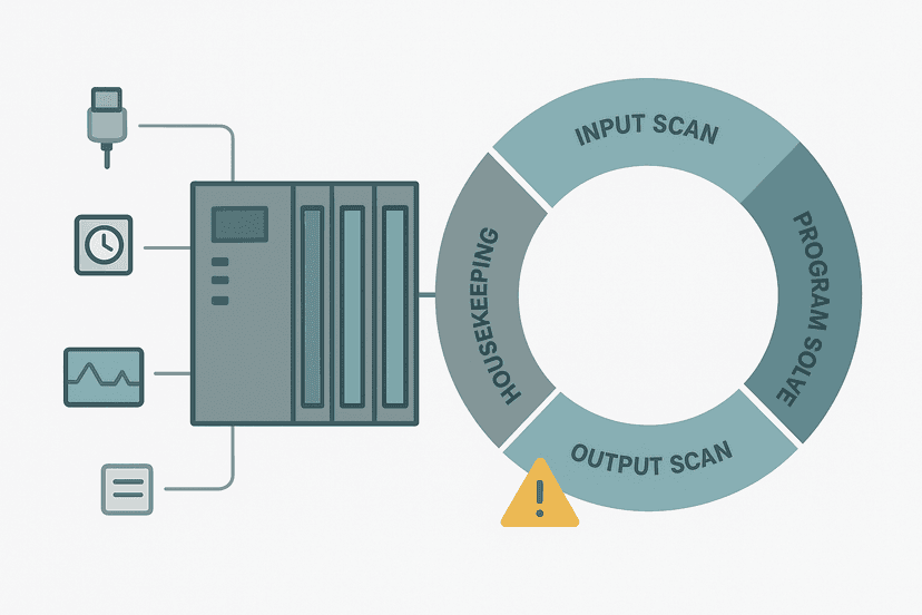 PLC scan cycle diagram showing input scan, program solve, output scan and a timing fault warning badge