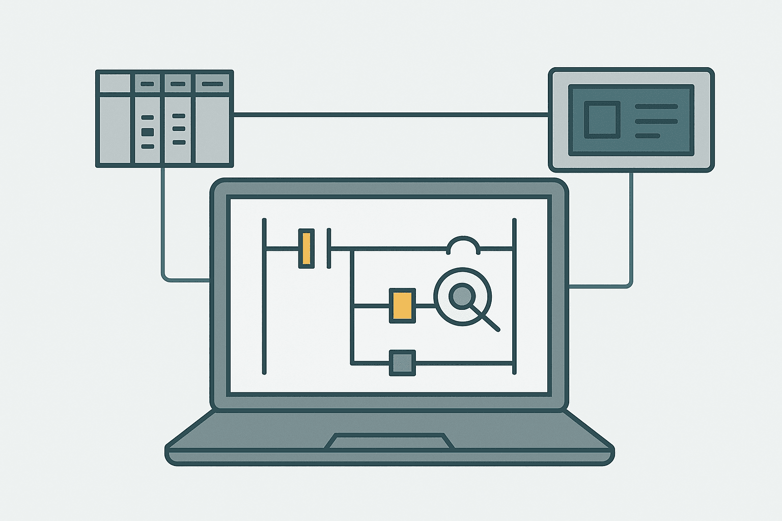 PLC online monitoring troubleshooting showing live ladder rung status on a laptop connected to a PLC rack