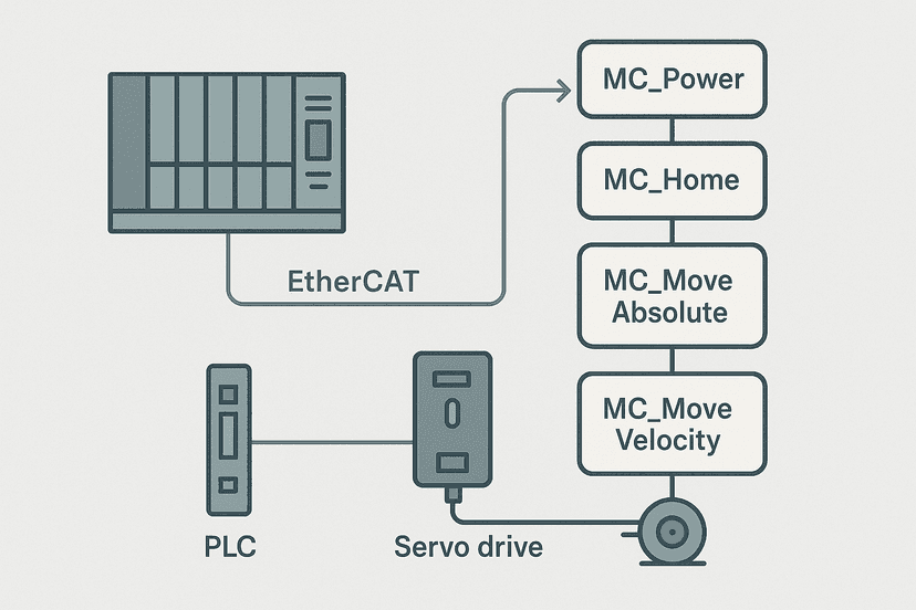 PLCopen motion control function blocks MC_Power MC_Home MC_MoveAbsolute chained to a servo drive, flat vector diagram