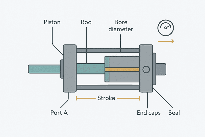 Pneumatic cylinder sizing diagram showing bore, stroke, and force calculation labels