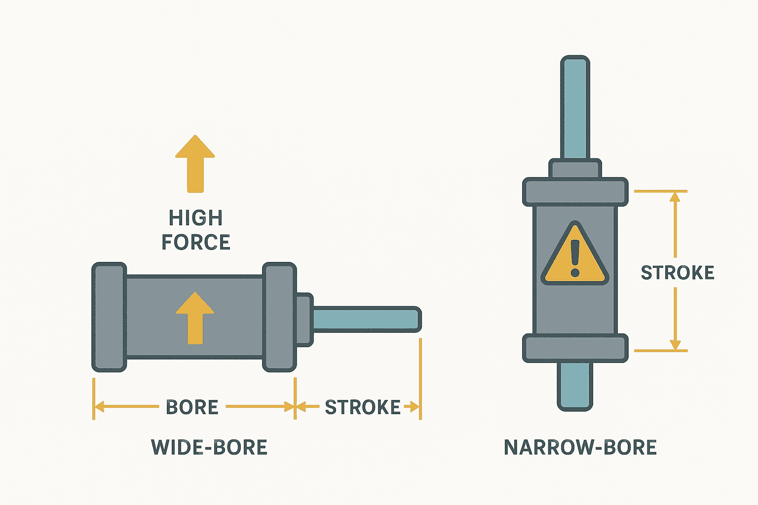 Comparison of short-stroke vs long-stroke pneumatic cylinder showing buckling risk
