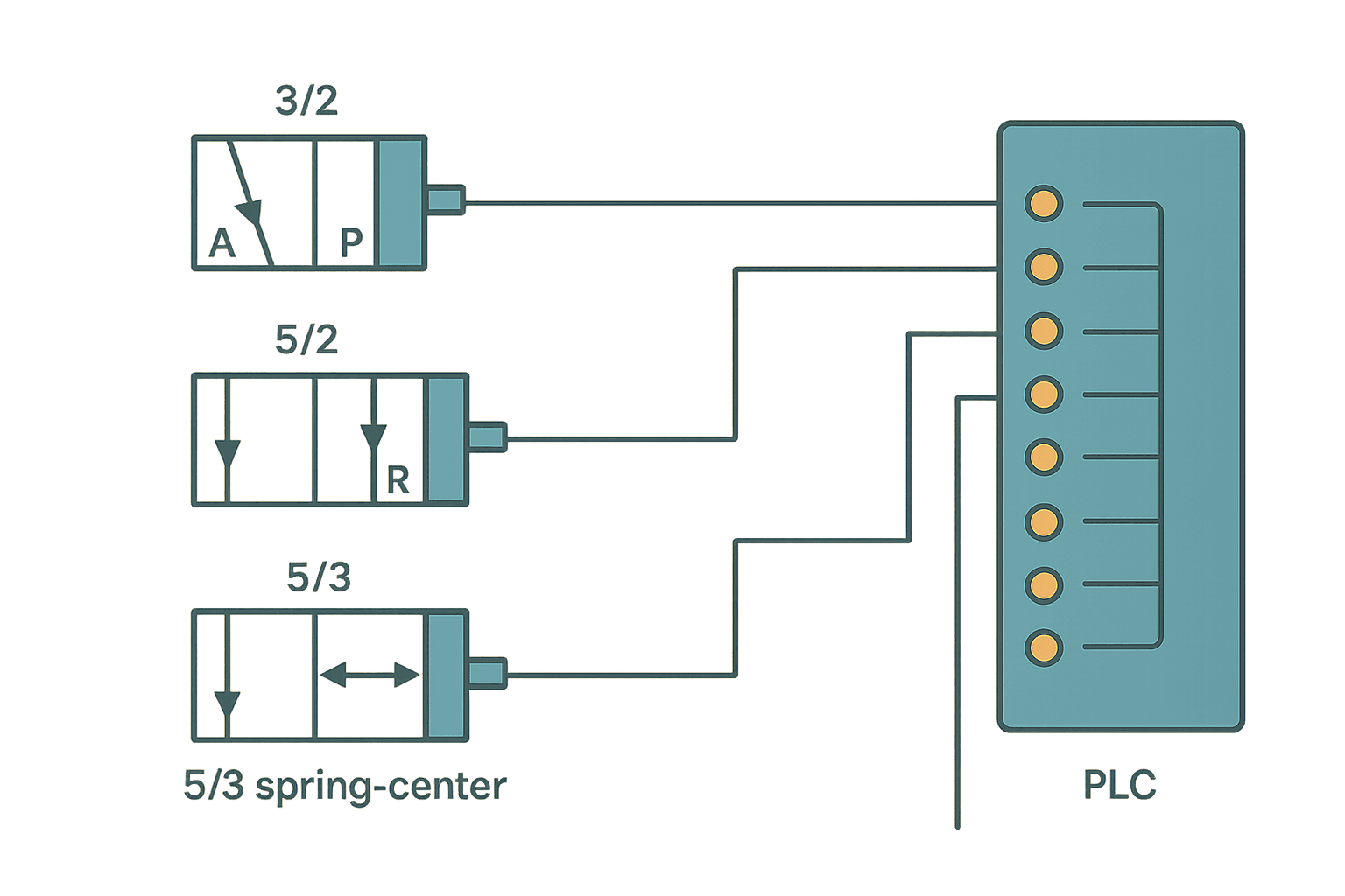 Pneumatic solenoid valve types connected to PLC output terminals, flat vector diagram