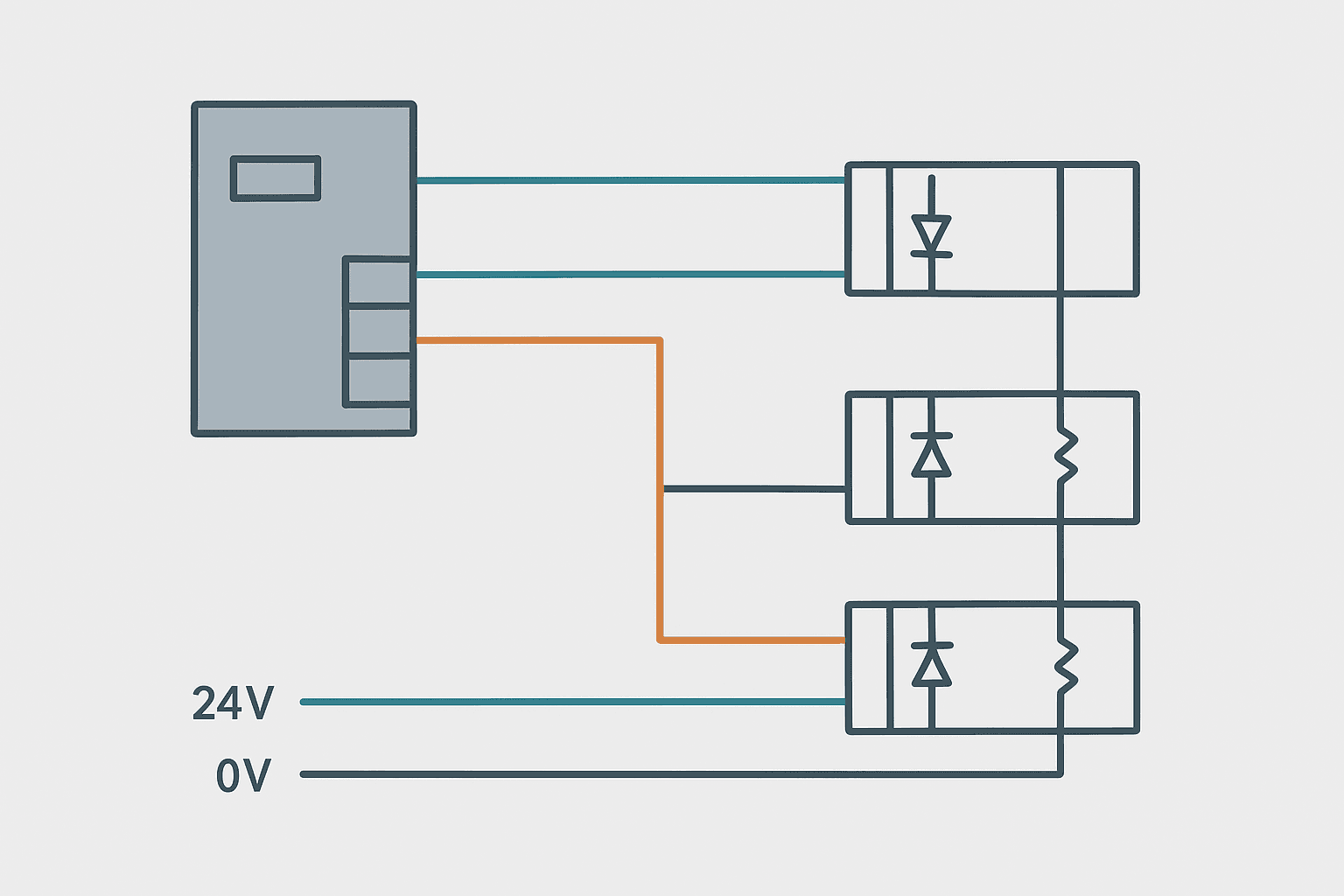 PLC transistor output wiring to monostable and bistable pneumatic solenoid valve coils with flyback diodes