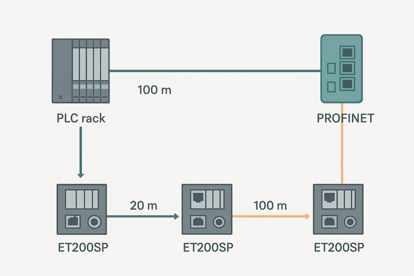 PROFINET wiring diagram showing cable types, RJ45 and M12 connectors, and network topology with PLC and IO devices