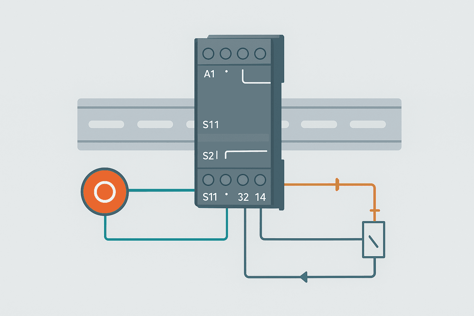 Safety relay wiring diagram showing dual-channel E-stop input terminals and safe output contacts