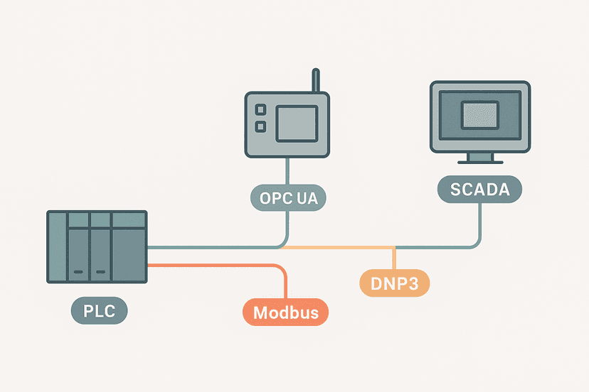 SCADA communication protocols Modbus DNP3 and OPC UA flat vector diagram showing RTU to SCADA server connections