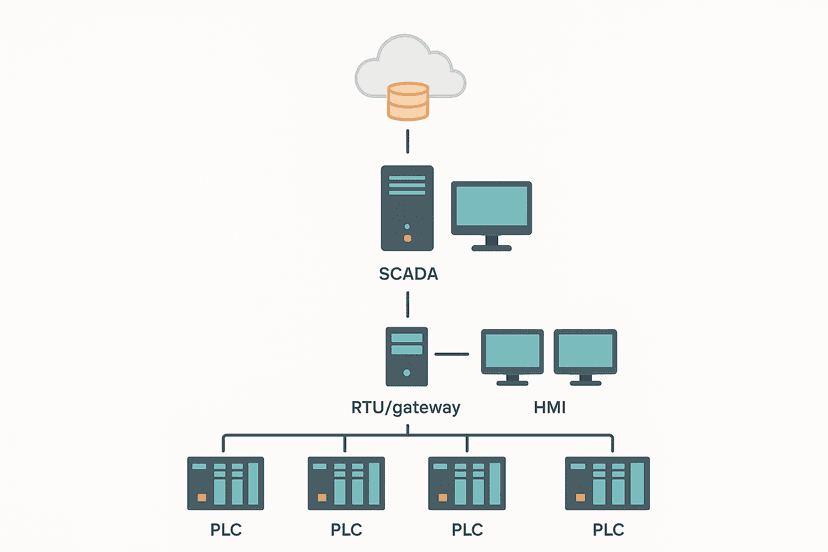 SCADA control system hierarchy diagram showing PLC, RTU, SCADA server and operator workstation layers