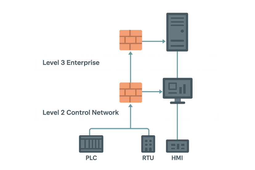SCADA network design diagram showing field bus, control network and enterprise layers with firewalls and managed switches