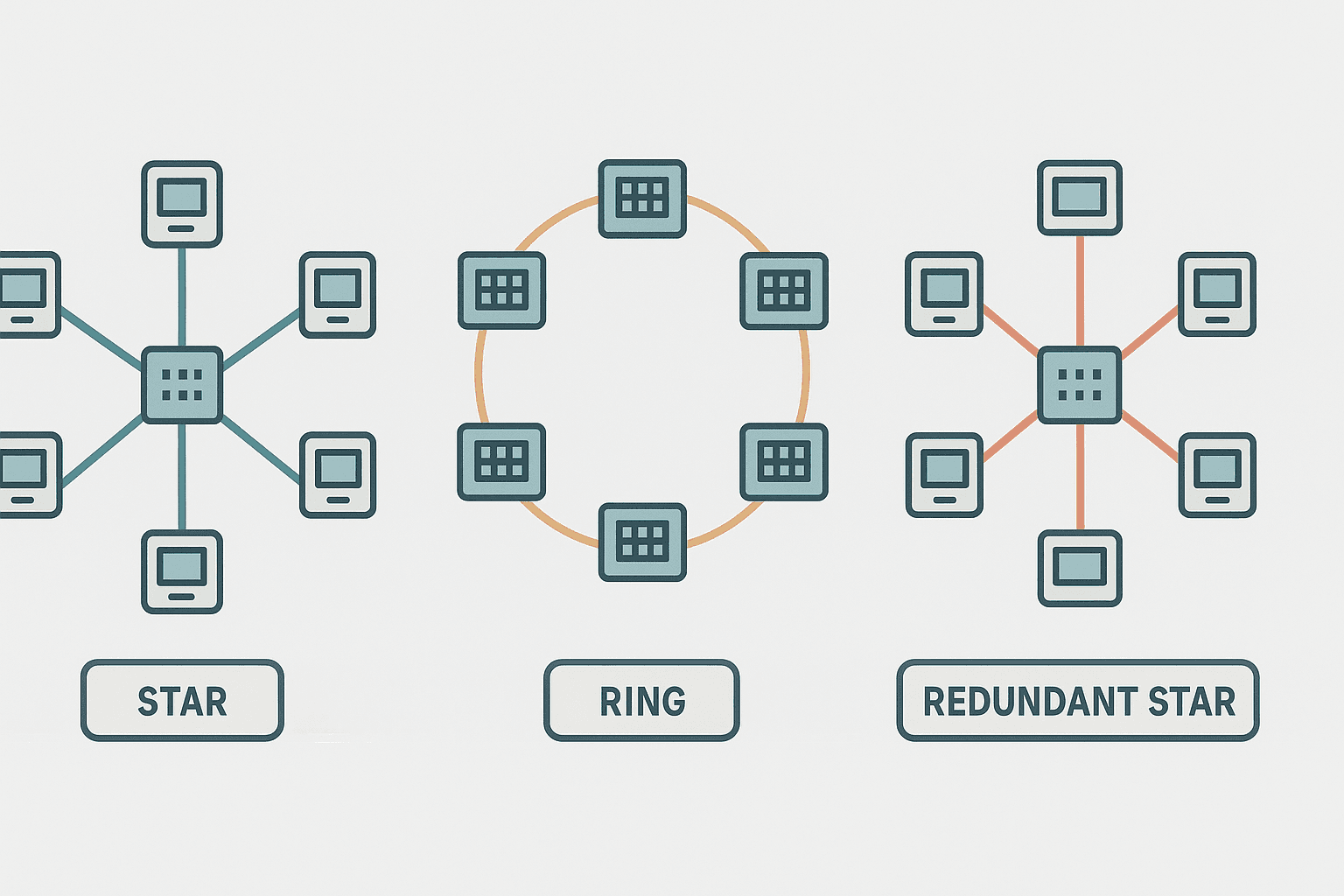SCADA network topology comparison showing star, ring and redundant star layouts