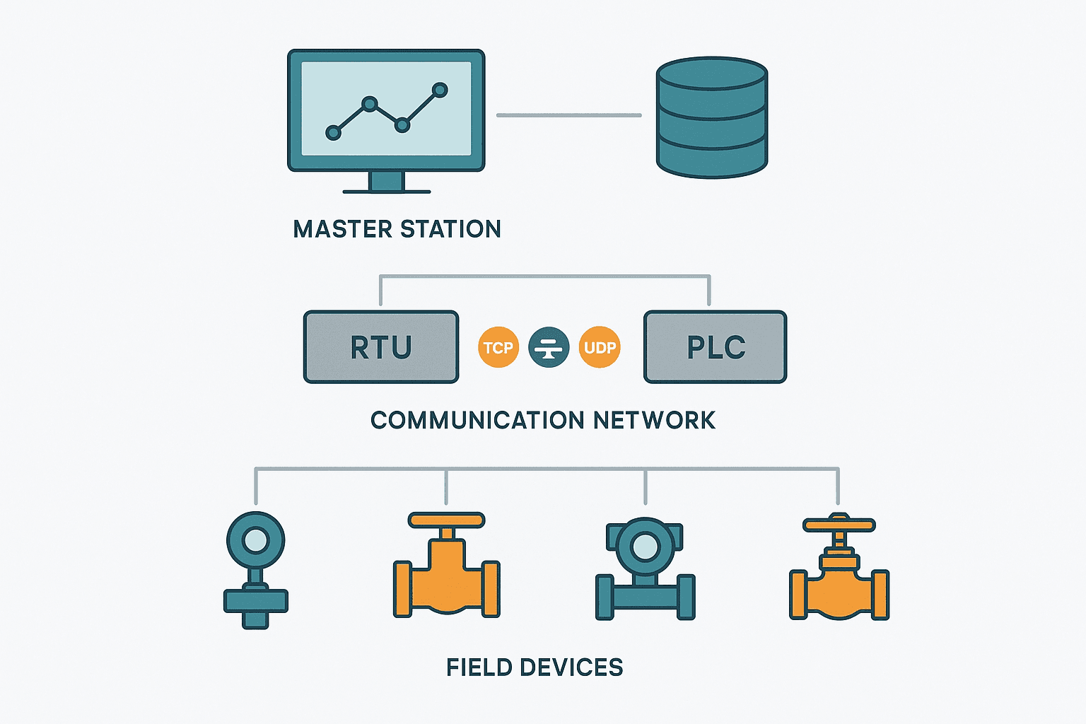 SCADA system architecture diagram showing three layers: field devices, RTUs and PLCs, and master station