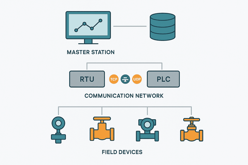 SCADA system architecture diagram showing three layers: field devices, RTUs and PLCs, and master station