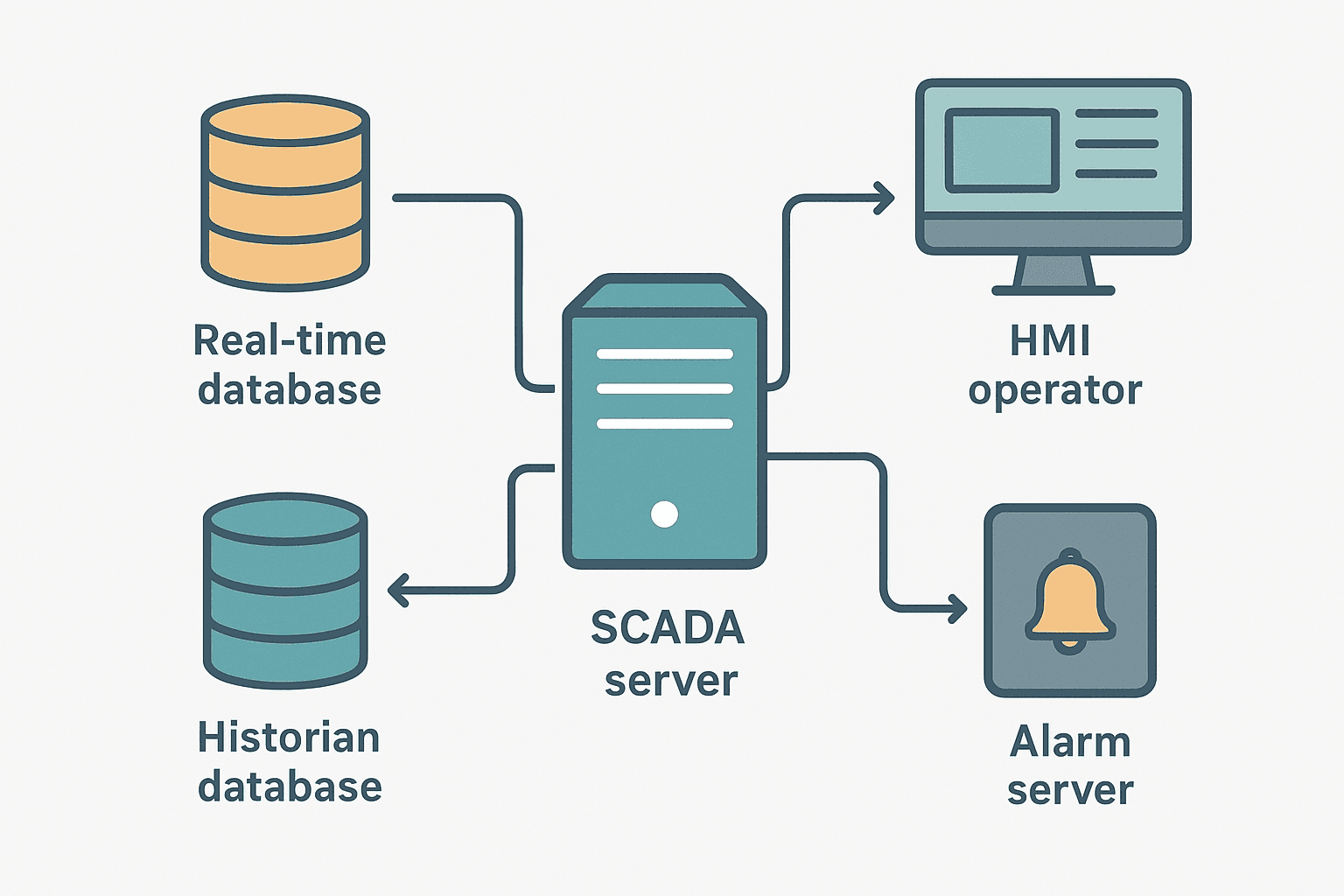 SCADA master station components including SCADA server, historian, HMI workstation and alarm server
