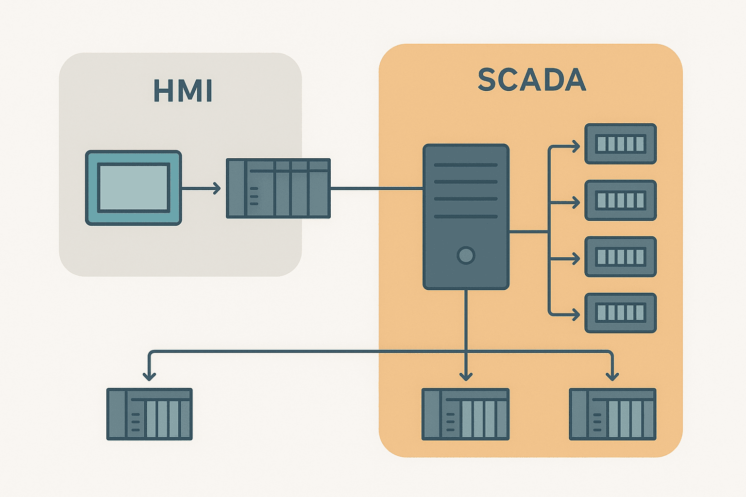 SCADA vs HMI architecture diagram showing local HMI panel connected to single PLC and SCADA server connected to multiple PLCs across a plant