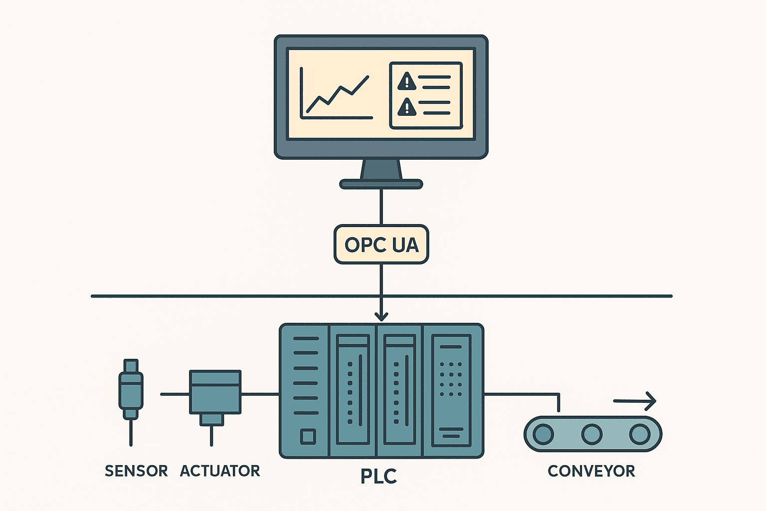 SCADA vs PLC architecture diagram showing PLC control layer and SCADA supervisory layer connected over Ethernet