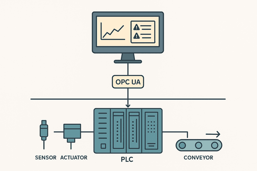 SCADA vs PLC architecture diagram showing PLC control layer and SCADA supervisory layer connected over Ethernet