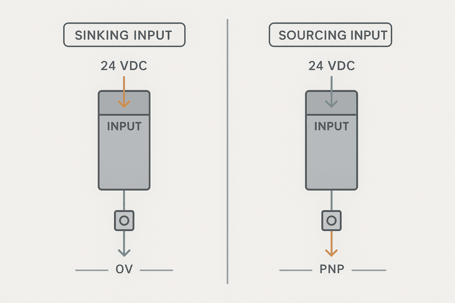 Sinking vs sourcing PLC input wiring diagram showing NPN and PNP sensor connections