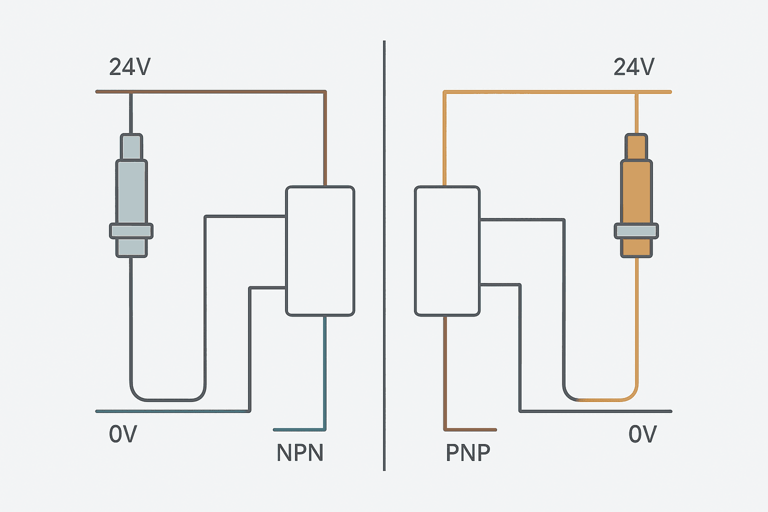 NPN sensor wired to sourcing PLC input versus PNP sensor wired to sinking PLC input