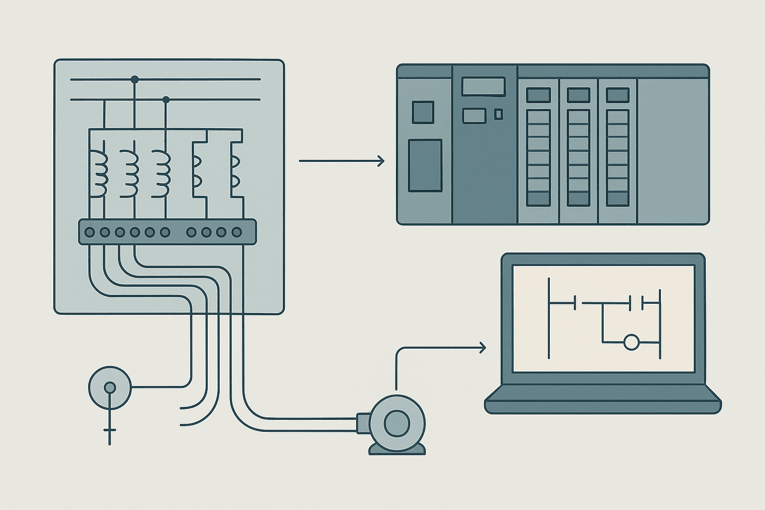 Split infographic comparing a hardwired relay control panel on the left with a PLC rack and ladder logic display on the right, showing relay coils and contacts versus digital I/O modules