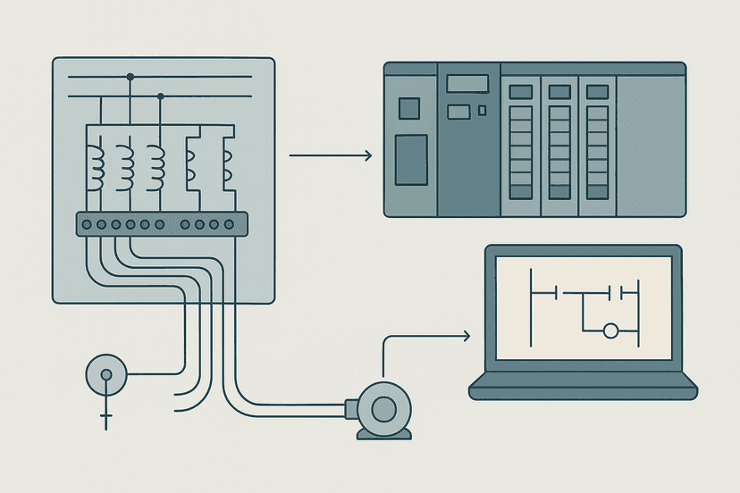 Split infographic comparing a hardwired relay control panel on the left with a PLC rack and ladder logic display on the right, showing relay coils and contacts versus digital I/O modules
