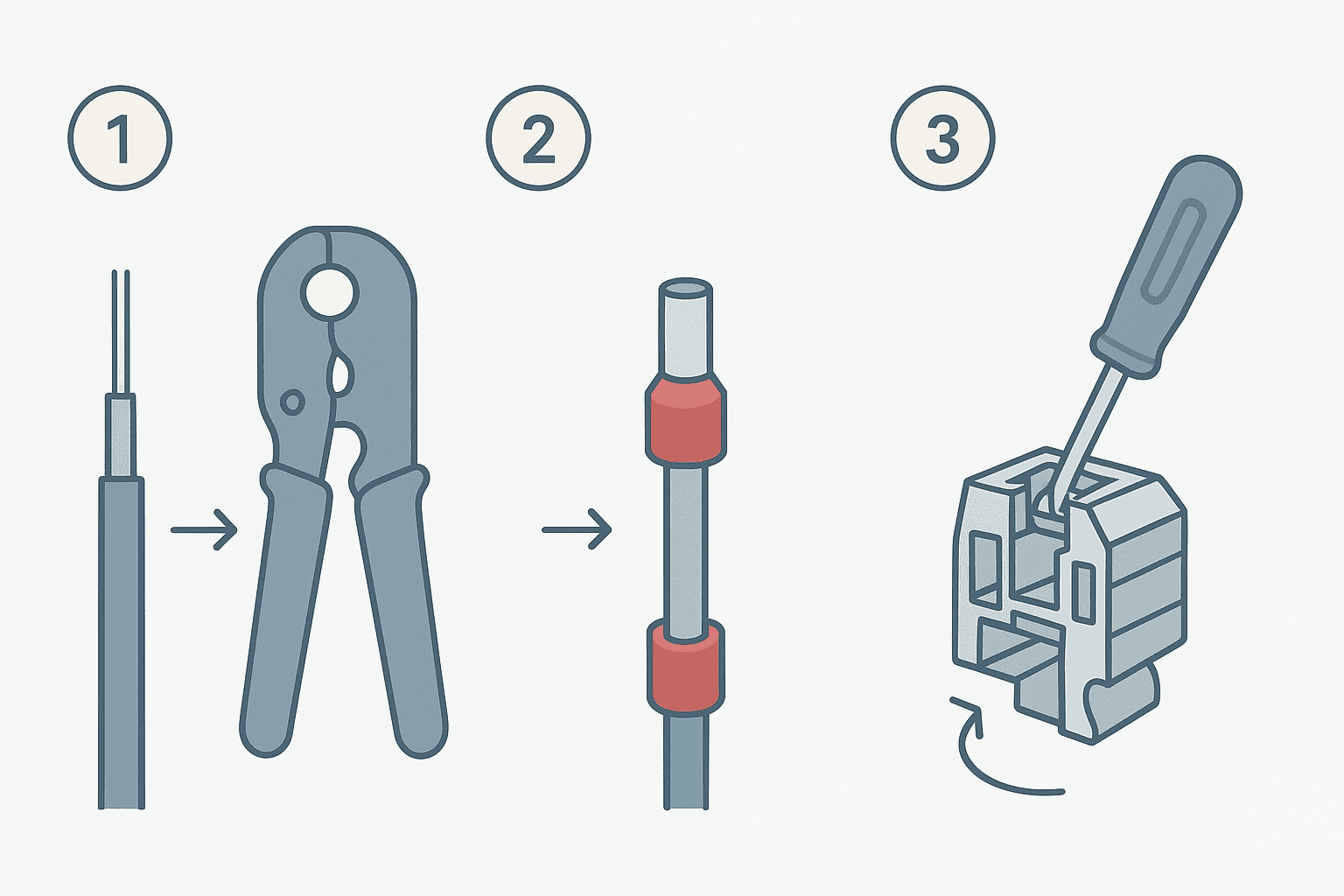 Step-by-step flat vector diagram showing correct DIN rail terminal block wiring including ferrule crimping and screw torque application